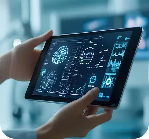 Hands holding a tablet with a biometrics dashboard to show real-time EEG insights