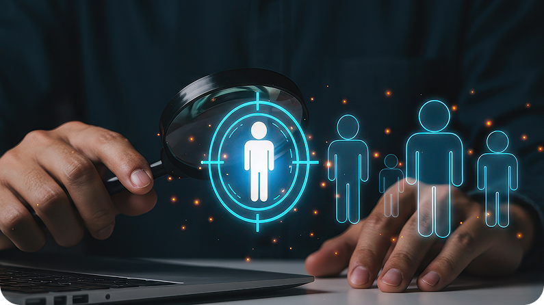 Person analyzing user icons with magnifying glass for employee skill assessment