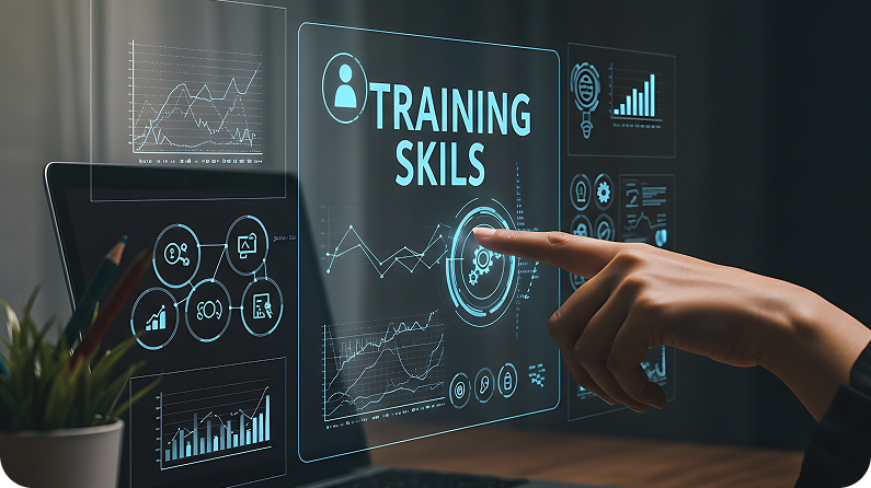 Person pointing at virtual training dashboard with skill development data