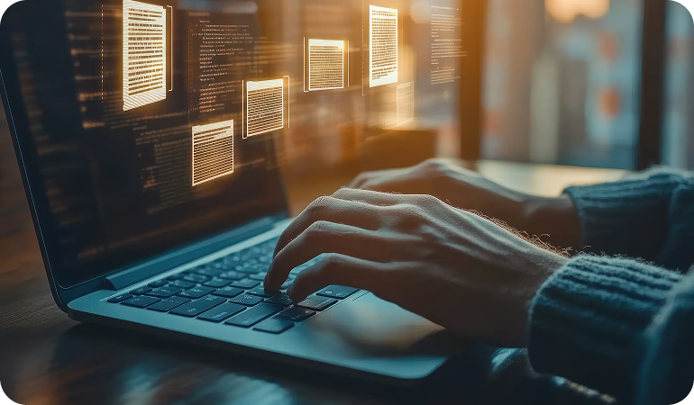 Person typing on laptop while browsing online technical support articles