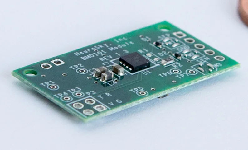 NeuroSky ECG PCB module showing chip and connection points
