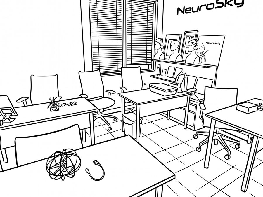 Students at individual desks, each with a MindWave headset and control unit set up and ready to go