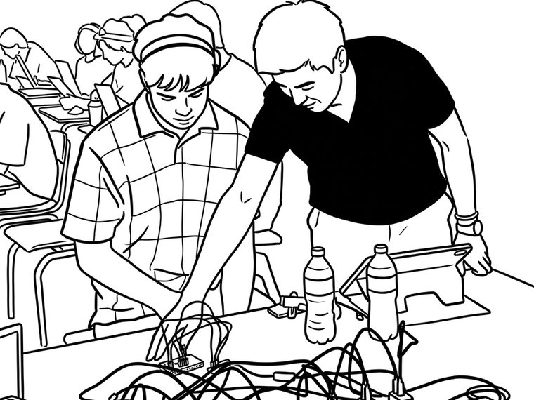 An instructor helping a student wire up hardware during a Builder Camp session