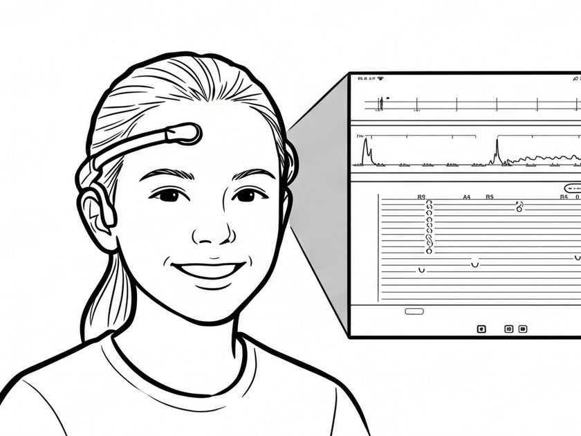Student wearing the NeuroSky MindWave headset while reviewing live brainwave data on a tablet