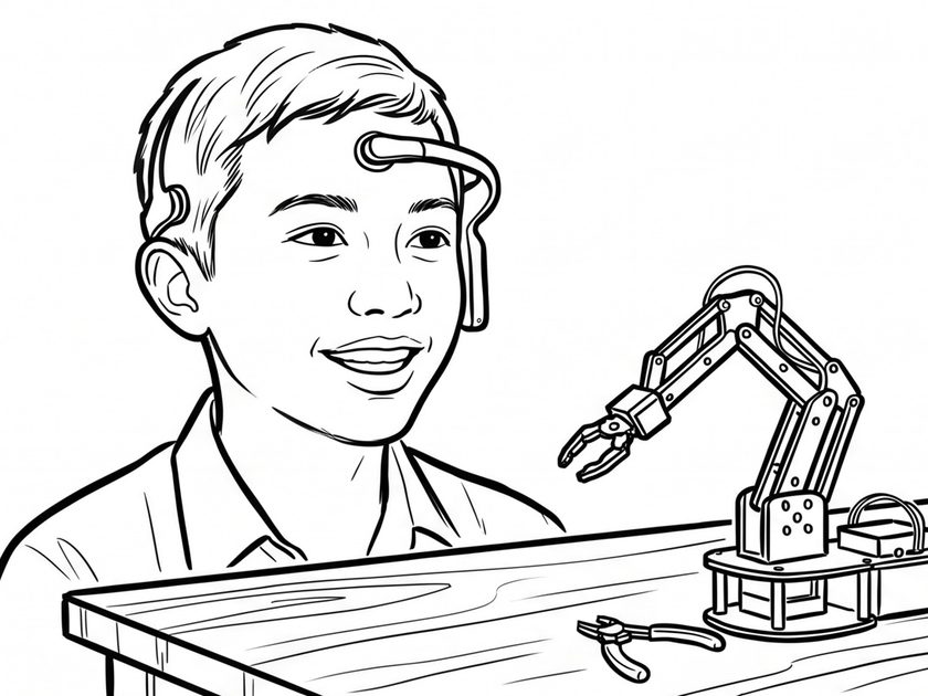 Student wearing the headset next to the 4-DOF robotic arm on a workbench